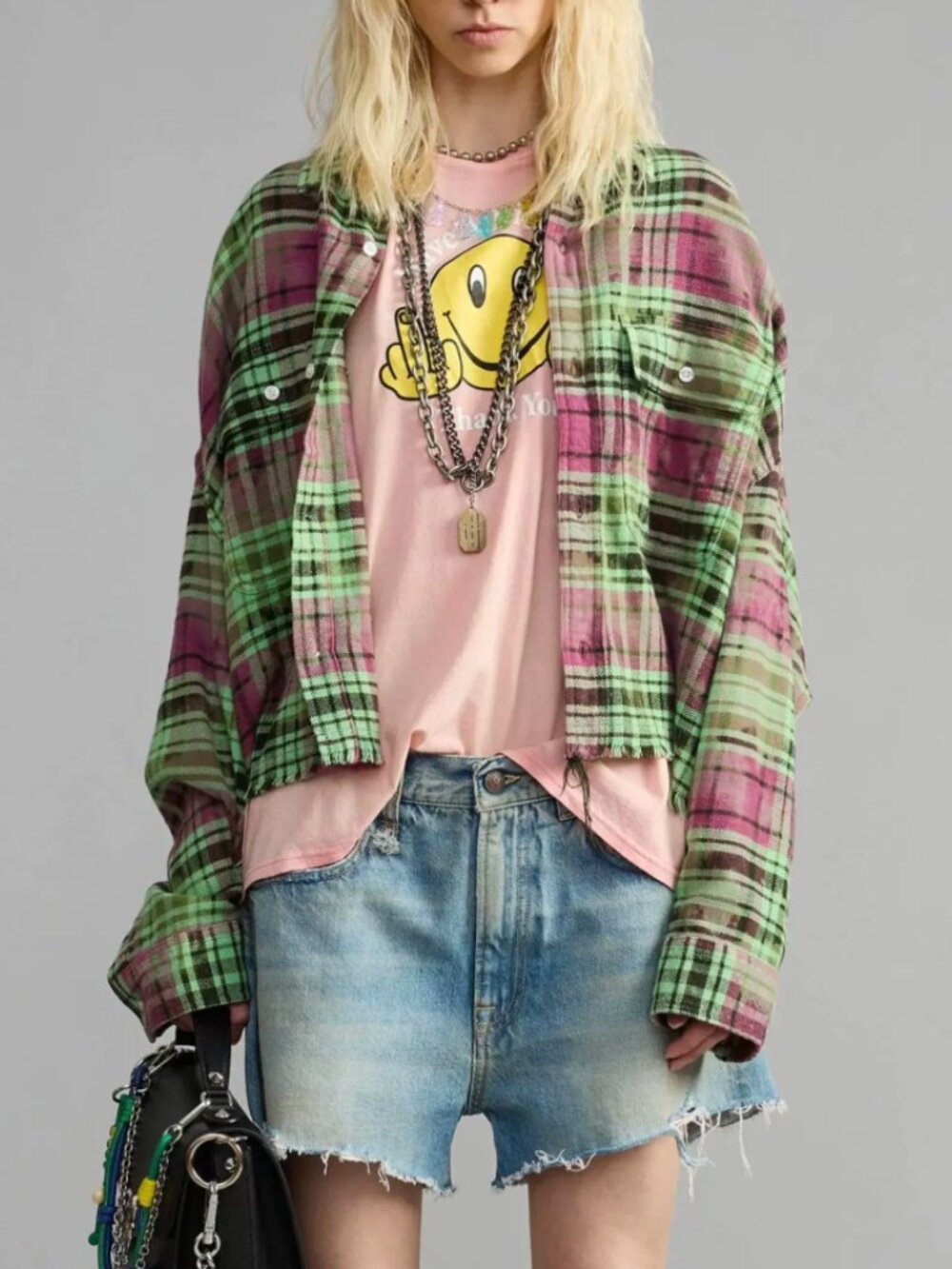 NWT R13 Cropped Work Shirt XS/S/M Pink Overdyed Green Plaid